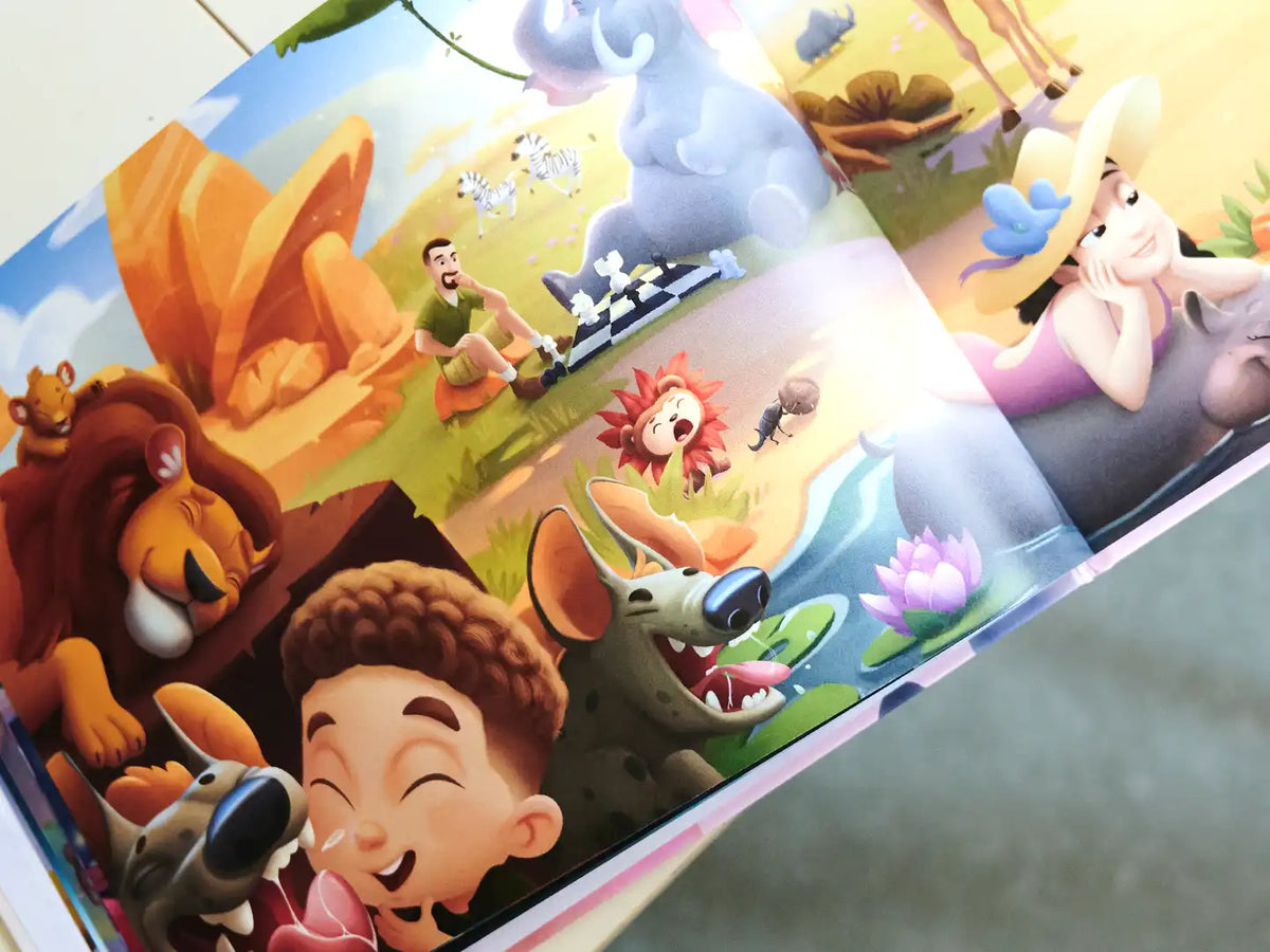 Ilustración del libro personalizado para familias donde la familia es amiga de animales africanos.