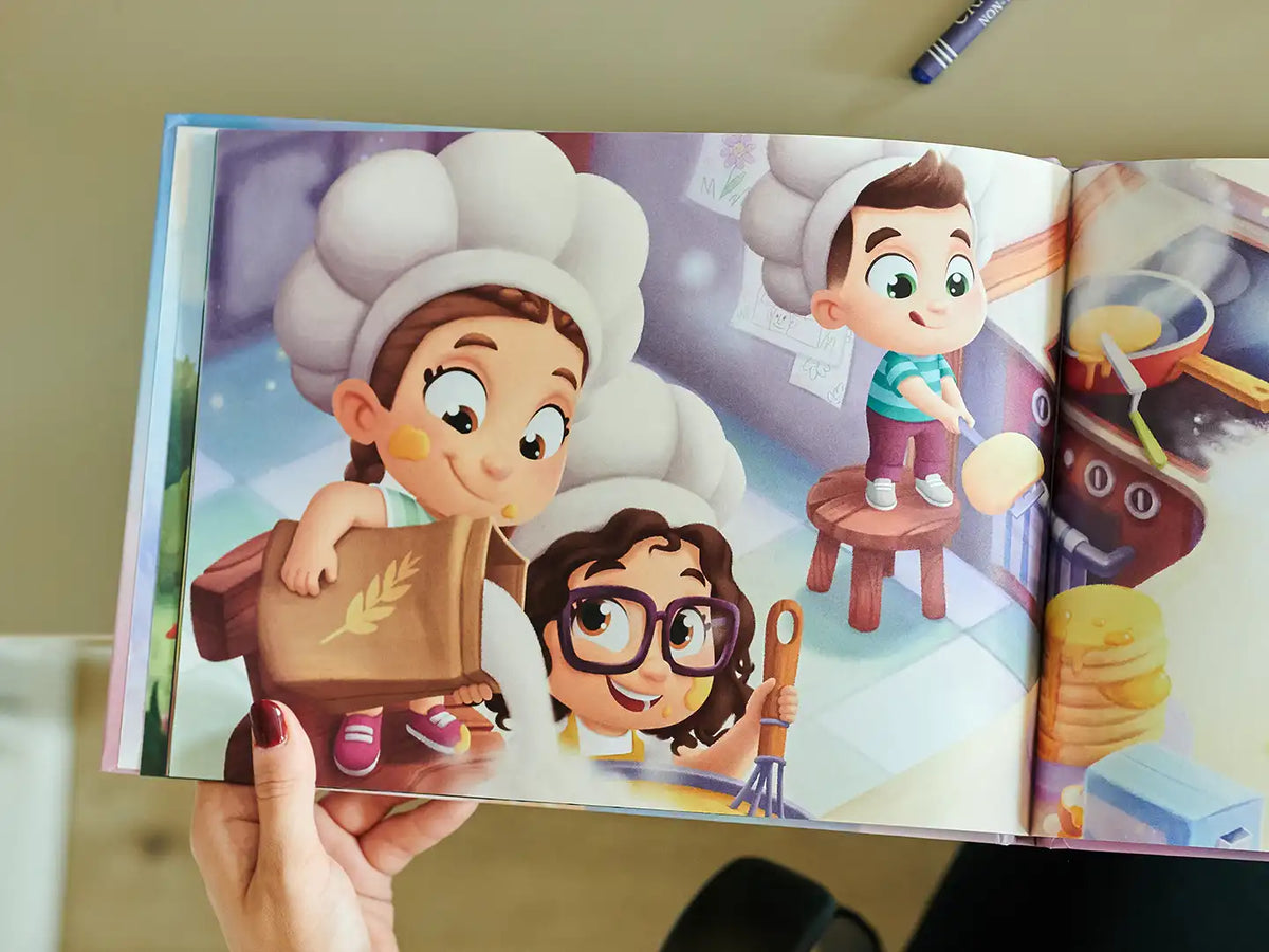 Una ilustración de un libro personalizado para papá y sus hijos.