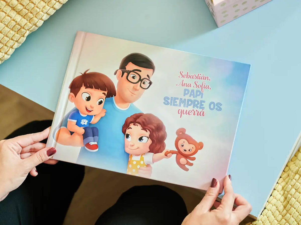 La portada del libro personalizado para papá y sus hijos.