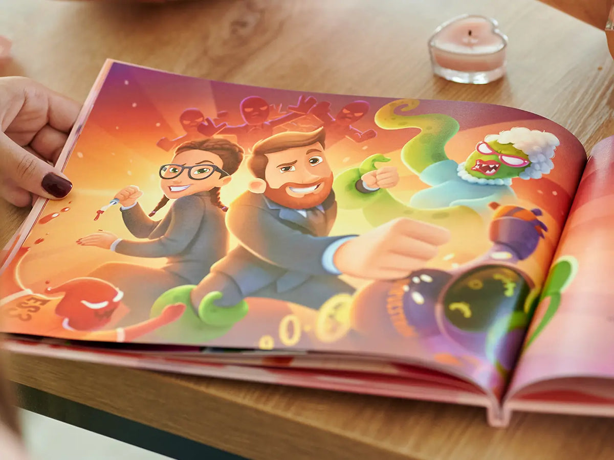 Ilustración de una pareja poderosa en nuestro libro personalizado para parejas que es un fantástico regalo para el día de San Valentín.