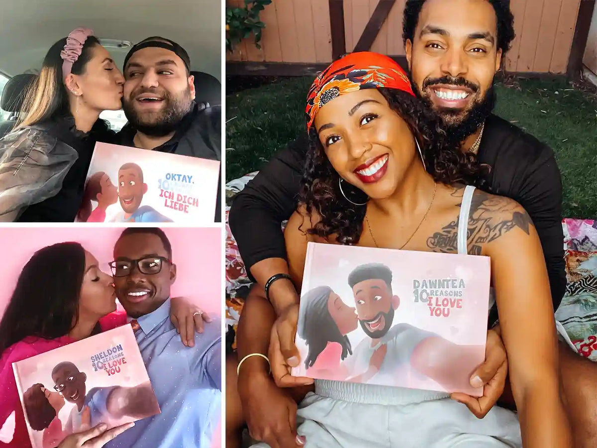 Parejas enamoradas disfrutando de su regalo romántico, que es un libro personalizado con sus nombres dentro del libro.