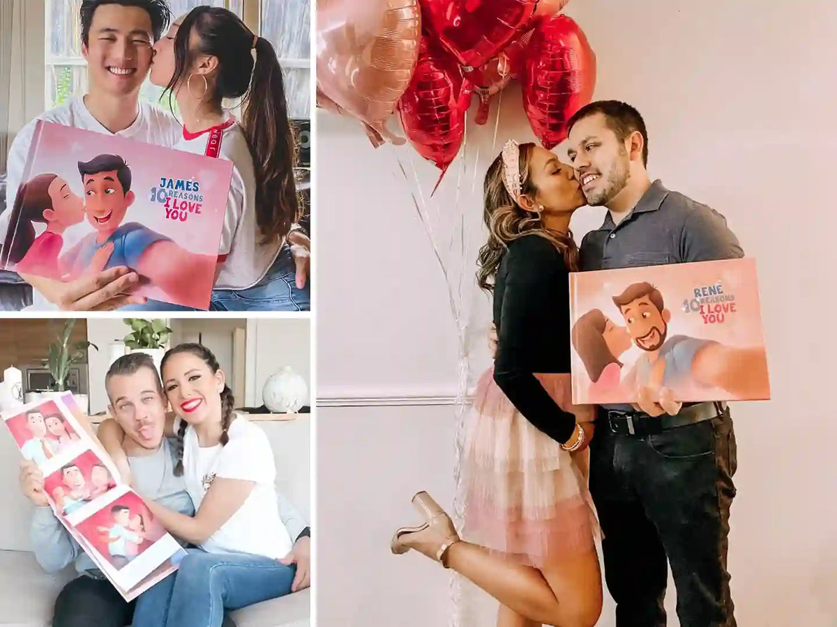 Parejas enamoradas disfrutando de su regalo romántico, que es un libro personalizado con sus nombres dentro del libro.