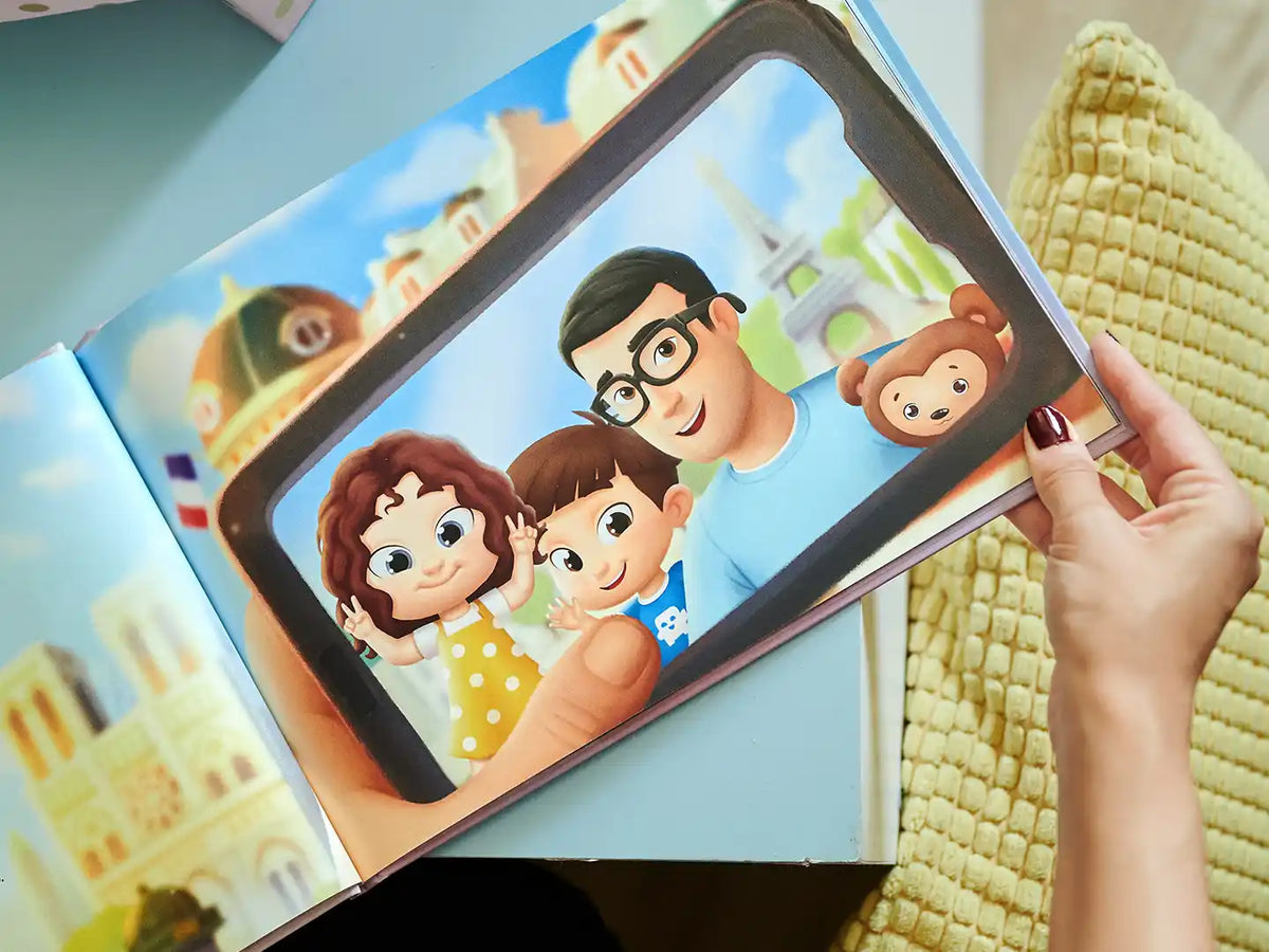 Una hermosa ilustración de un libro personalizado para papá y sus hijos.